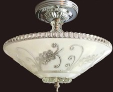 White Floral w/Clear Pressed Glass Shade Vintage Art Deco Antique Chandelier 30s picture