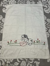 Vtg 1950's Handmade Embroidered Pillowcase 19x28” Puppy Chasing Tail picture