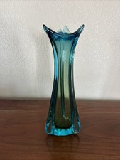 Vintage Murano Sommerso Ribbed Vase Flame Rim, Blue w/Amber Core, Italy MCM picture