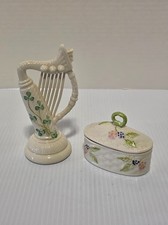 Belleek Ireland Shamrock Harp Porcelain Figurine & Lidded Trinket Box picture