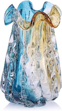 Turquoise Glass Vase, Hand Blown Wide Mouth Teal Blue Glass, Murano Style Modern picture
