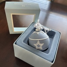 Wedgwood Blue & White Jasperware Ball Snowflake Christmas Ornament IOB picture