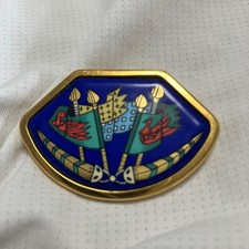 Hermes Enamel Flag Brooch Navy Gold Green Used Excellent Condition picture
