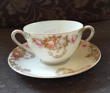Vintage SCHWARZBURG 2 handled bouillon/tea cup PINK ROSE PATTERN-Gold Trim picture