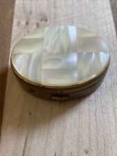 Vintage Oval Brass & Mother Of Pearl Compact Pill Box picture