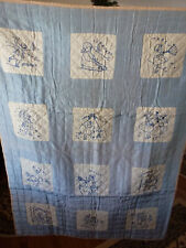 Antique Calendar Quilt c1930s Hand-Embroidered Blue Work/Hand-Quilted 47