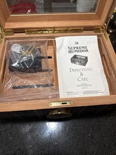 SUPREME Burl Wood Humidor inlay Glass Brass Accents Lock Wood Lined Hygrometer picture