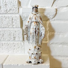 Antique Vieux Paris Procelain Virgin Mary Madonna Status White Gold Gilt 8” picture