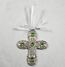 Vintage Towle Silver Plated Cross Christmas Ornament Green Stones Ornate  picture
