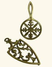 Vintage Pair of Ornate Brass Trivets Sad Coal Iron Holder 8” & 7.5” picture