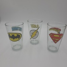 DC Comics RETRO 3 Authentic  Collectible  Glasses. SUPERMAN, FLASH, BATMAN. USA picture