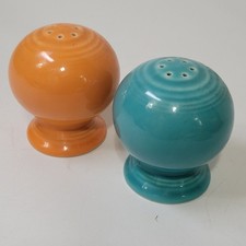 Vintage Fiesta War Ceramic Ball Salt & Pepper Shakers Orange And Teal MCM picture