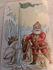 1909 EARLY RED SUIT SANTA CLAUS POSTCARD, WHITE POLAR BEAR  SANTA CLAUS DEPOT picture