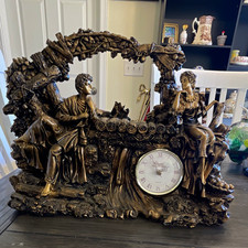 Vtg Large Gold European Victorian Mantle Clock Courting Couple Garden 15x11