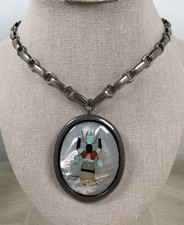 Vintage J. Lovato Sterling Kachina Inlay Mother of Pearl Pin Pendant Necklace picture