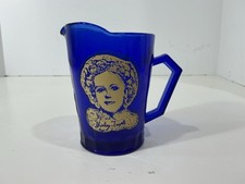 Shirley Temple Cobalt Blue Glass Vintage Hazel Atlas 4” Pitcher picture