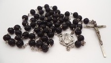 Vintage Chapel Sterling Silver Black Carved Rosebud Glass Bead Rosary Italy 20