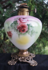 Antique 1895 - 1905 Fostoria Milk Glass Oil Lamp - HAND PAINTED ROSES - SIGNED picture