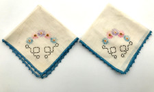Vintage Floral Handkerchiefs Set of 2 Off White Multi Color Daisies picture
