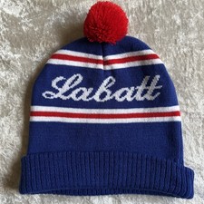 VTG Labatt Blue Hat Canadian Beer Blue Red Winter Beanie Pom Pom Knit Ski Cap picture