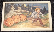 Post Card - Vintage Halloween - JOL Smiling, Young Boy Scared by Ghosts picture