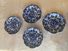 4 Antique Butter Pats, Blue White Scallop Edge Asian Design picture
