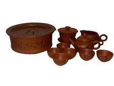 Beautiful Vintage Terra Cotta Pottery Asian Boxed Tea Set 14 Piece  picture