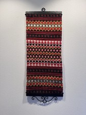 Vtg Norwegian Handwoven Wool Wall Hanging Boho Eclectic 29x11 with Wrought Iron picture