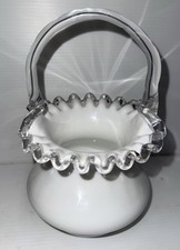 Fenton Silver Crest Milk Glass Basket w/Ruffled Edge & Clear Handle Approx 8