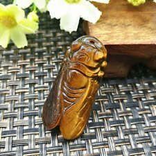 Natural Tiger's Eye Quartz Crystal Carved Cicada Healing Stone Pendant Necklace picture