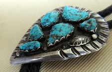 Zuni attr Effie Calavaza Bolo Nugget Set Natural Turquoise Incised Leaf Stampd Y picture