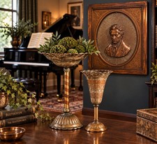 Antique Beethoven Photo Relievo Plaque w/ 2 Brass Copper Pedestal Vessels picture