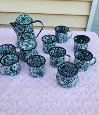 Vtg CGS International Splatter Enamelware GREEN Coffee Pot Creamer/sugar&8 Cups picture