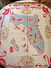 VTG Mid Century Florida Map Tablecloth Flamingos Palms Square 53x46 picture