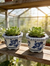 Set Of 2 , Vintage Bombay Company Blue & White Octagon Porcelain Planter picture
