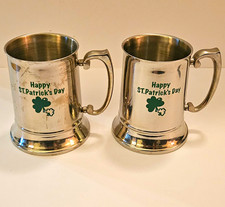 Set of 2 St. Patrick's Day Beer Mugs - 18/8 Stainless Steel - Shamrock Printed picture