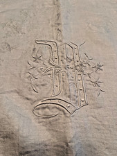 Beautiful Vintage White Floral Damask Linen Square Tablecloth w/Monogram 74x74 picture