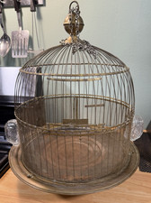 Antique 1920s Hendryx Brass Bird Cage with Stand & Glass Seed Cups – Made in USA picture