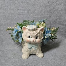 Vintage Ardco Japan Kitten Cat Planter 1960s Florist Flower Arrangement Blue Bow picture