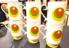 Vintage Mod MCM Stackable Coffee Mugs Set of 6 Japan Geometric Orange Green NOS picture