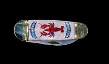 Etched Lobster Colored Design Scrimshaw Collection Large Dual Blade Pocket Knife picture