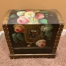 VTG 1950s Hand Painted Folk Art Wooden Dome Chest Black Pink Rose Floral Design picture