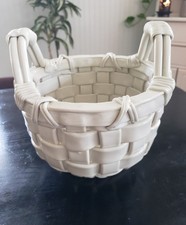 Vintage White Ceramic Coche Pot Planter with Handles & Weave Design 6