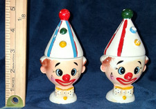 Vintage Starset Ceramic Clown Egg Cups Pair Removable Party Hat Lids Japan picture