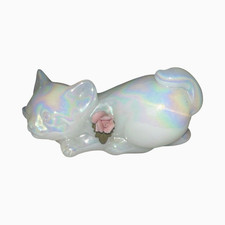 Vtg Fenton White Opalescent Iridescent Crouching Cat Figurine Pink Rose/Sticker picture