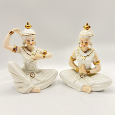 Set of 2 White & Gold Ceramic Seated Thai Dancer Figurines, Glossy Finish picture