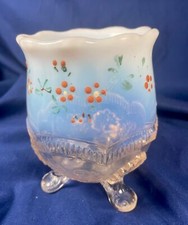 Vintage Blue Opalescent Spooner Sugar Bowl Ruffled Edge Three Footed Base picture