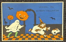 Vintage Halloween Postcard Gibson Running Clown Ghost Bat Cat Dog Antique picture