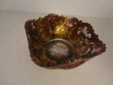 Goofus Glass - Candy Dish Bowl Hand Painted Gold With Red Flowers picture