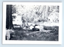 Old Vintage Photo MEN WOMEN GROUP PICNIC IN FOREST CLASSIC CAR FOUND SNAPSHOT picture